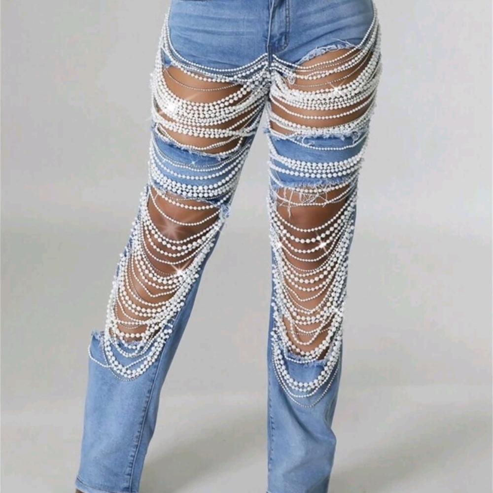 Women's Blue Embellished Jeans - Picture 2 of 8
